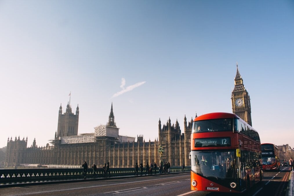 Study Abroad in London Red Bus and The House of Parliament, London